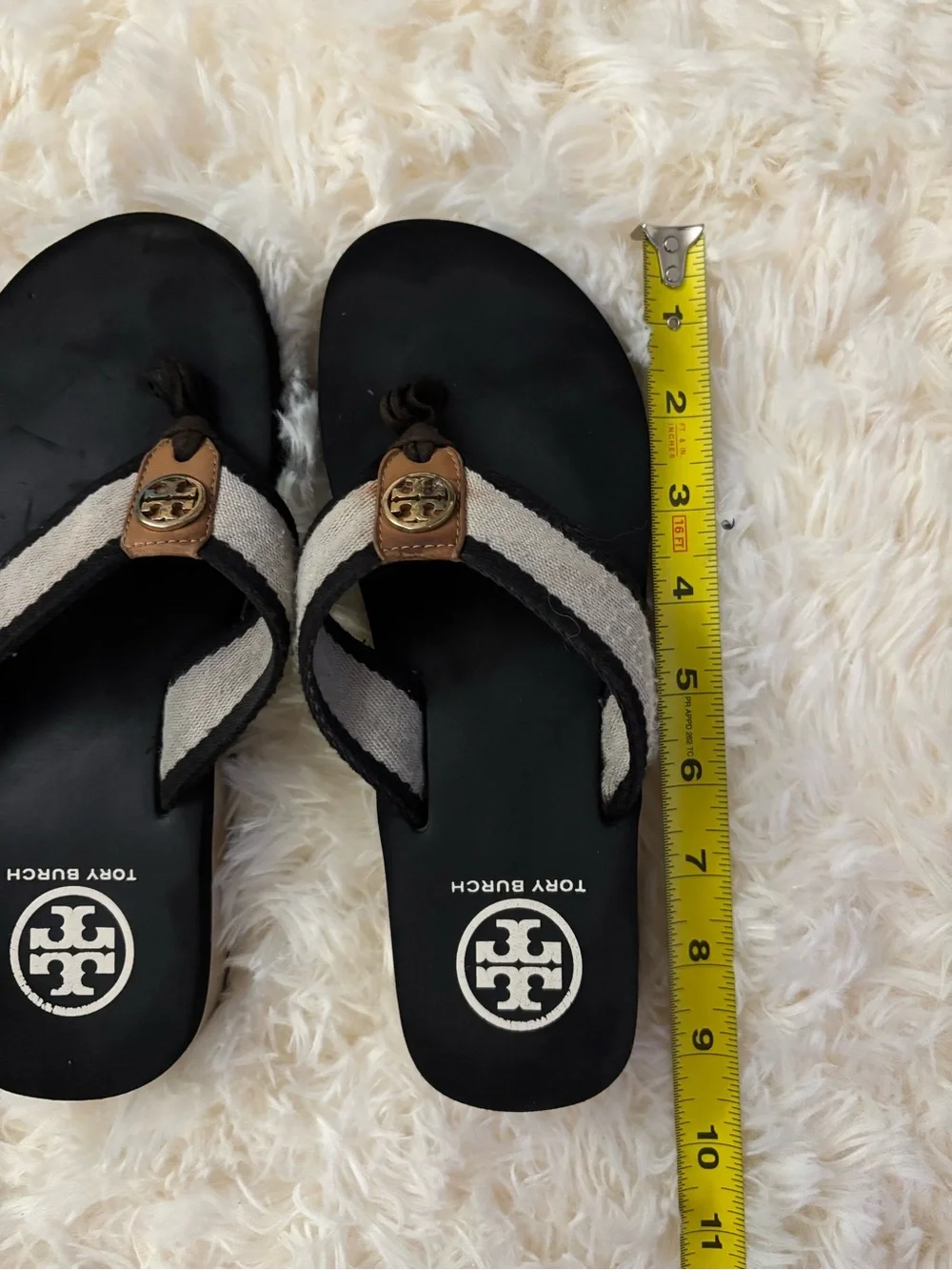Tory Burch Black Flip Flop Sandals with Cream Straps and Gold Logo